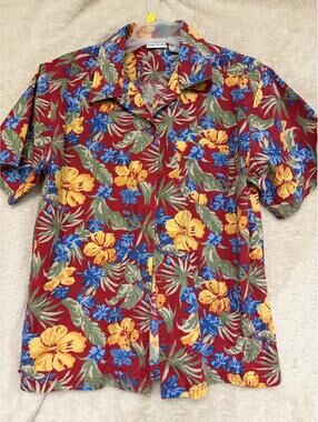Bobbie Brooks Large Hibiscus Red Floral Short Sleeve Shirt Men Large